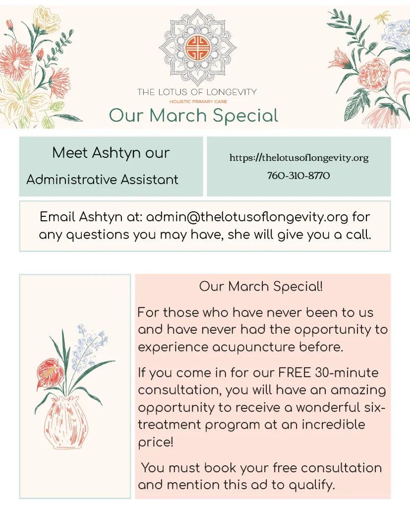 Our March Special! For those who have never been to us and have never had the opportunity to experience acupuncture before. If you come in for our FREE 30-minute consultation, you will have an amazing opportunity to receive a wonderful six-treatment program at an incredible price! You must book your free consultation and mention this ad to qualify.